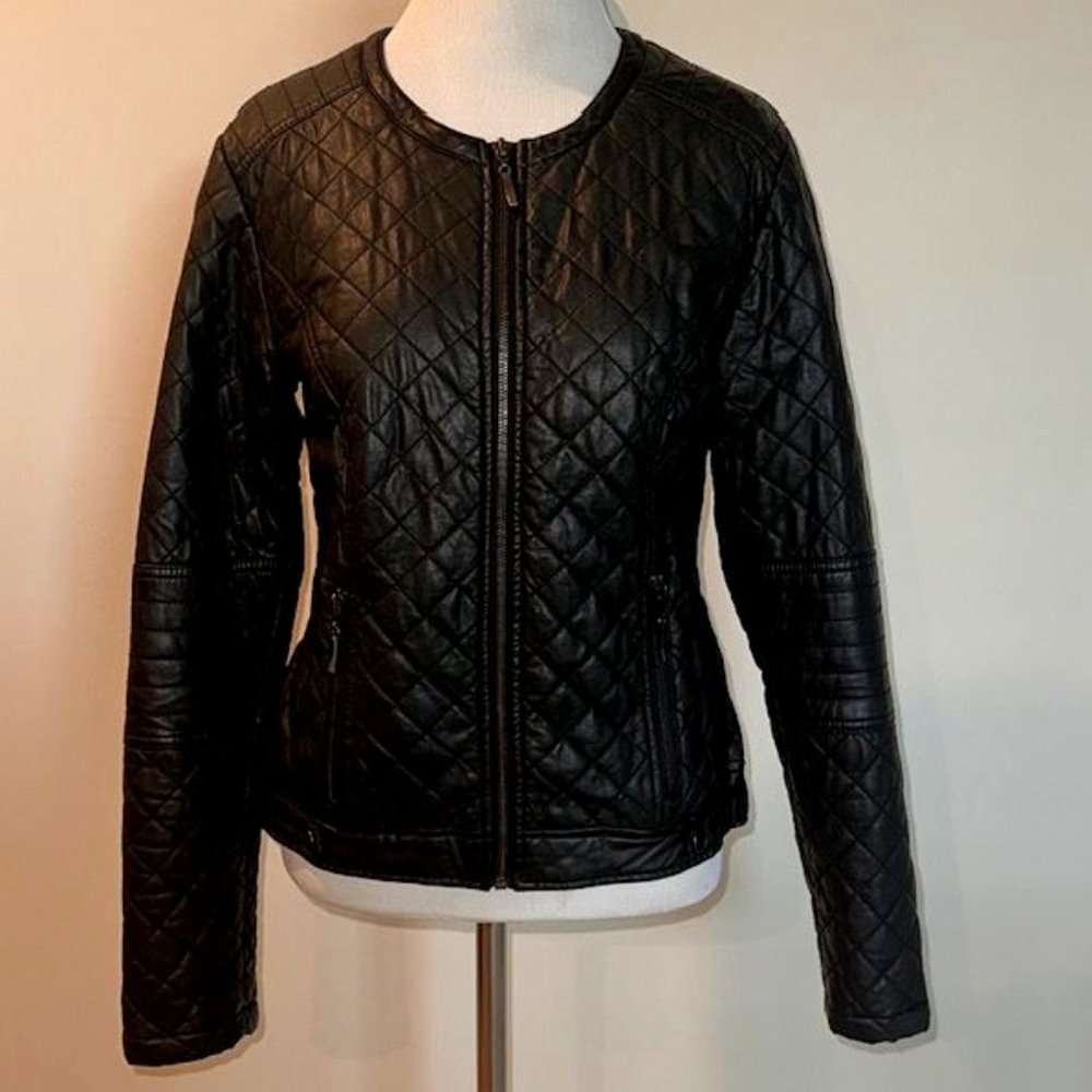 Max Jeans faux leather moto jacket black small quilted EUC!